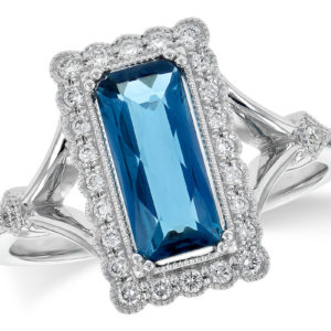 Allison-Kaufman 14kt London Blue Topaz Ring with .17ctw in Diamonds Set in an Antique Style Mounting With Milgrain and Split Shoulders