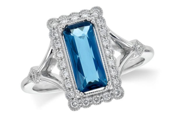 Allison-Kaufman 14kt London Blue Topaz Ring with .17ctw in Diamonds Set in an Antique Style Mounting With Milgrain and Split Shoulders