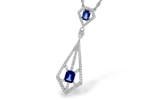 Allison Kaufman Blue Sapphire and Diamond Drop pendant on an 18" chain set in 14kwg