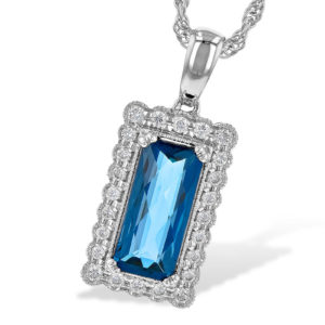  1.55ct London Blue Topaz Antique Look with Halo of Diamonds Milgrain Edges with an 18" chain. 1.70TGW