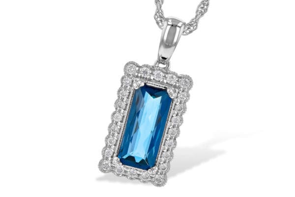  1.55ct London Blue Topaz Antique Look with Halo of Diamonds Milgrain Edges with an 18" chain. 1.70TGW