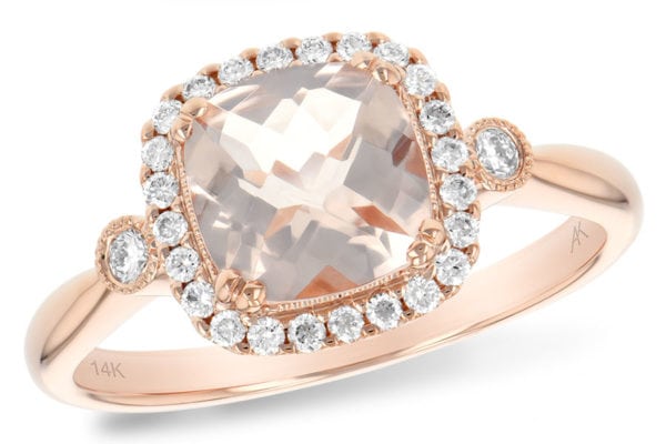 Allison Kaufman Morganite Cushion Cut Ring Set in Rose Gold with a Diamond Halo