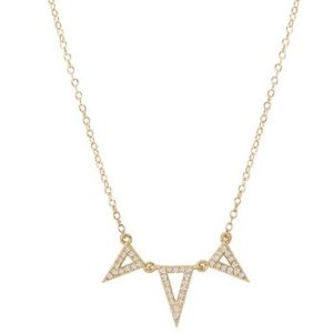 Glistening triangles filled with clusters of diamonds set in 14k yellow gold. This necklace hangs from an adjustable 16-18 inch cable chain with a spring ring closure. (D.12 carat total weight)