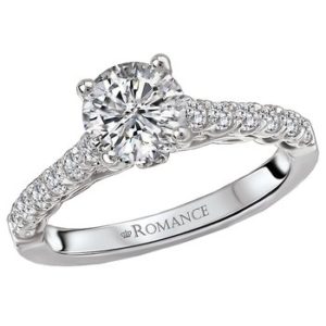 Diamond Engagement Ring in 18kt White Gold. (D. 3/8 carat total weight) This item is a SEMI-MOUNT and it comes with NO CENTER STONE as shown but it will accommodate a 6.5mm round center stone.